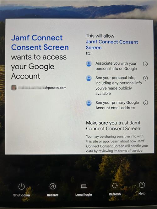 Jamf Connect Consent Screen wants to access your Google Account.